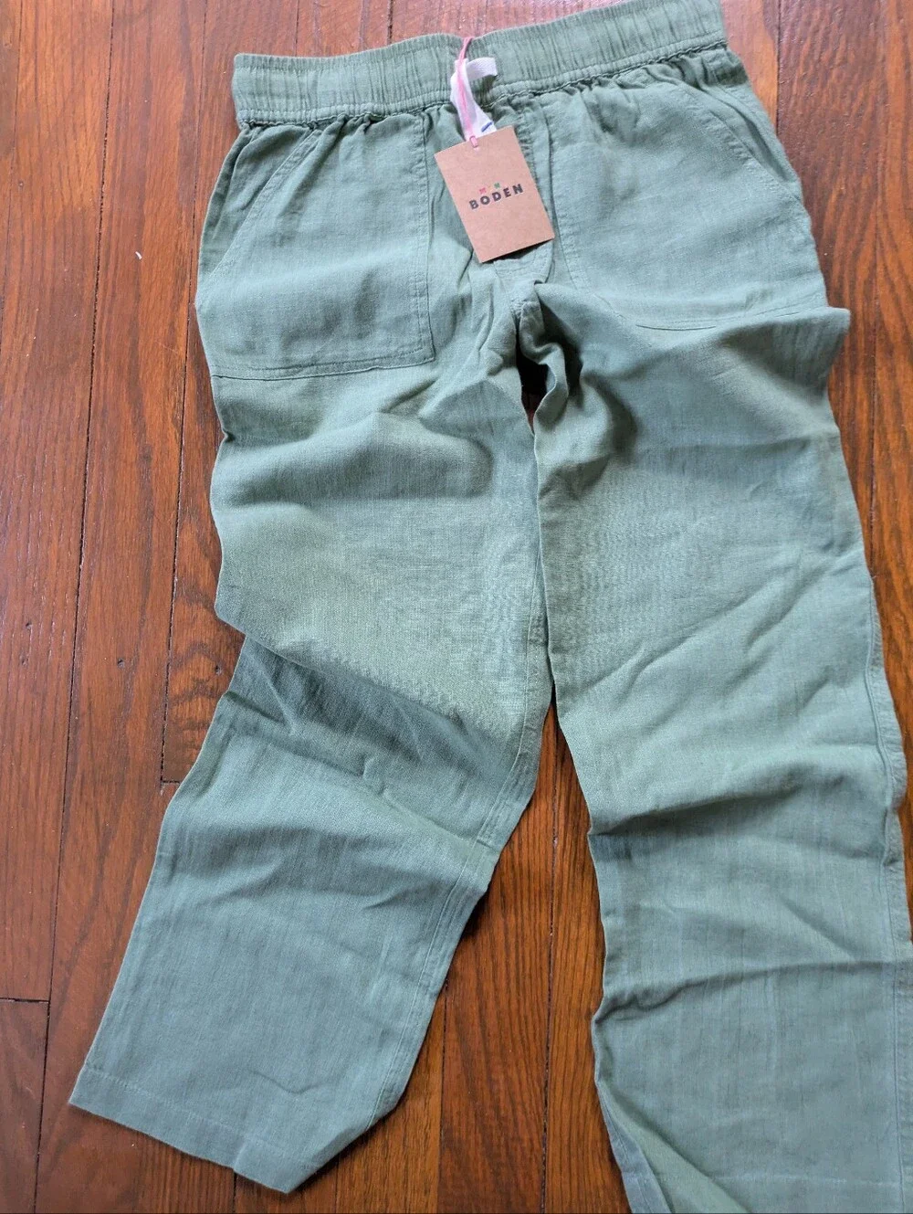 Mini Boden Sage Green Cotton Linen Pull On Pants Size 7-8